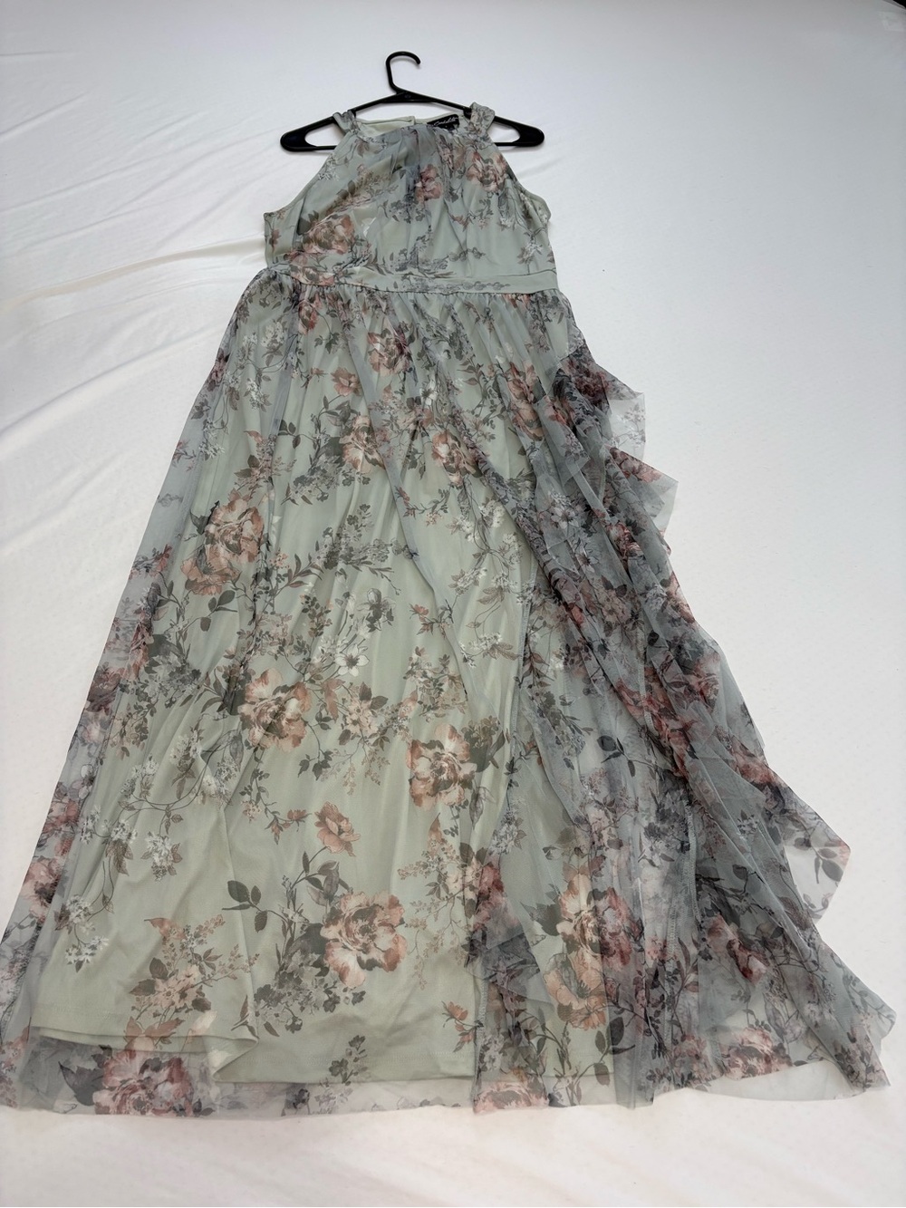 Floral Sage Green Maxi Dress - Lightweight Tulle Overlay